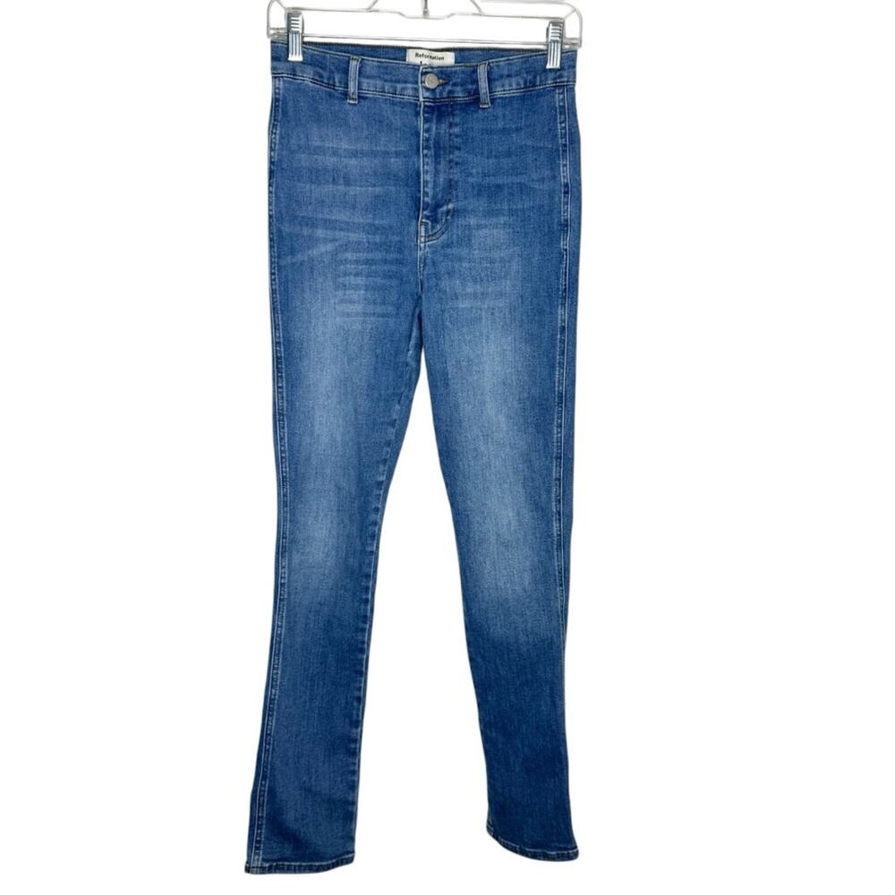 REFORMATION / medium wash May High & Skinny Darwin wash jeans / 27